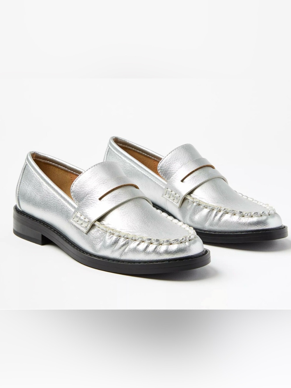 NEW ANN TAYLOR LOFT SILVER METALLIC MODERN PENNY LOAFERS FLATS SHOES SZ 8